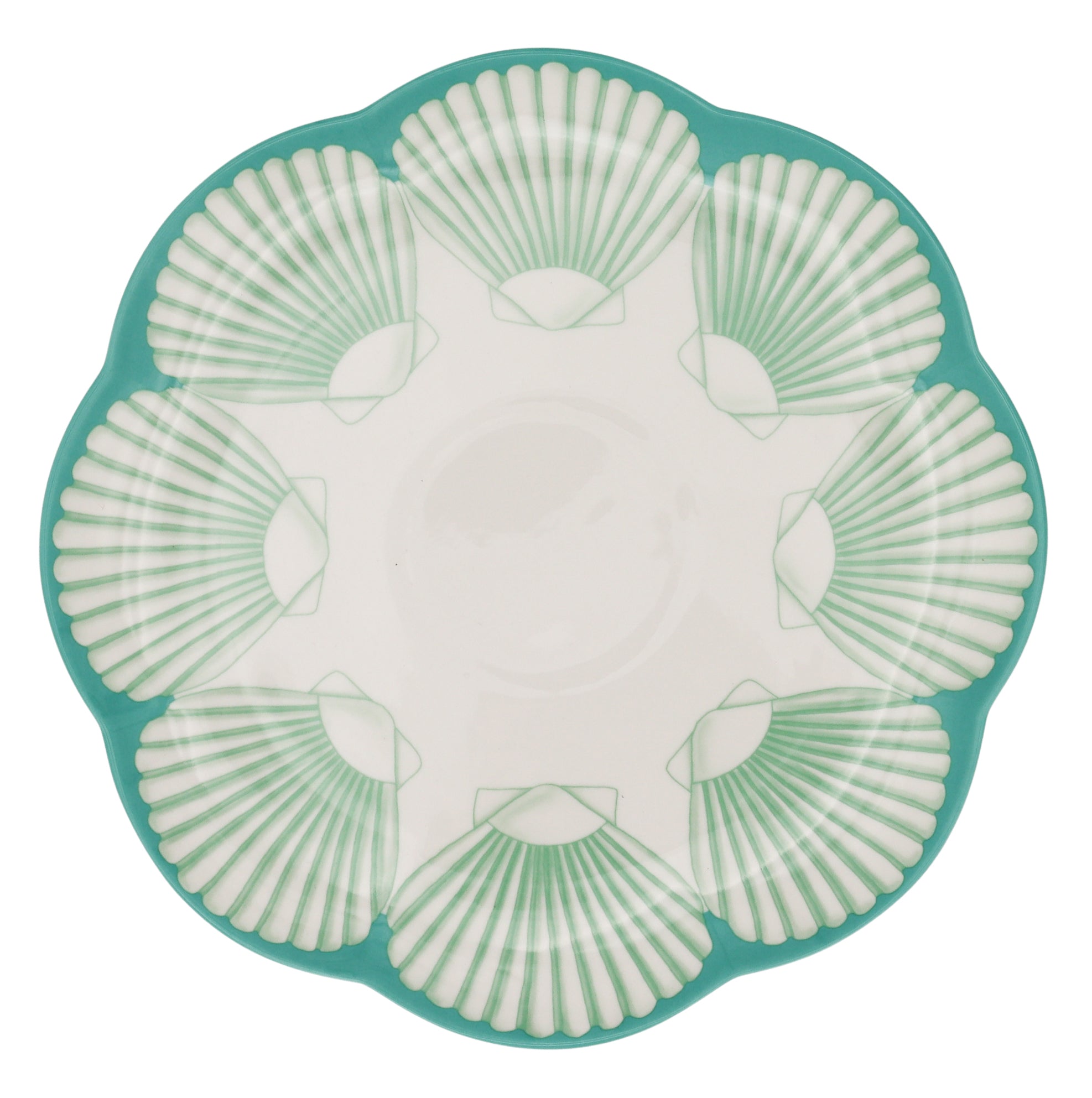 Assiette plate en céramique Balearic Blu blanche avec motif vert et bord peint à la main (lot de 4)