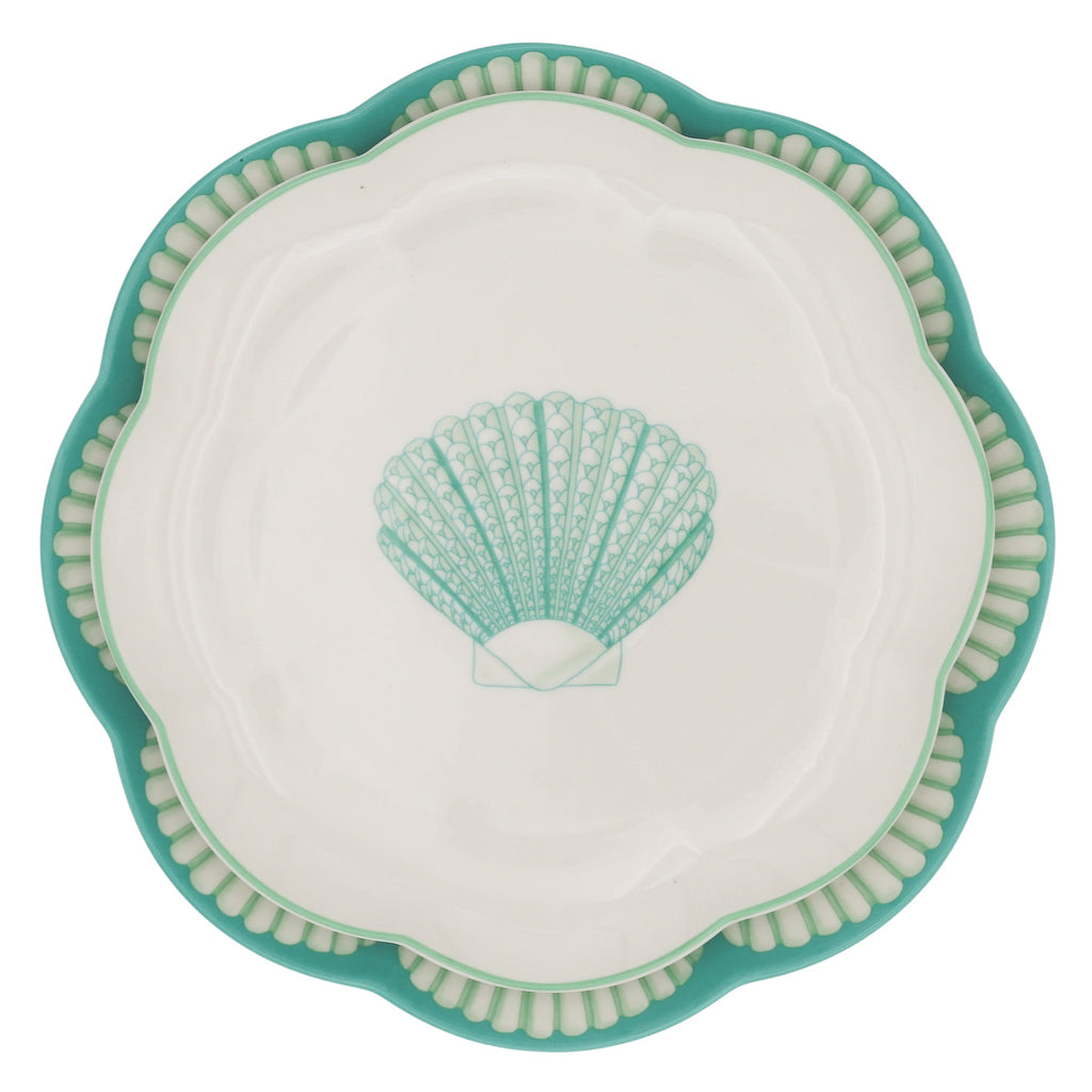 Assiette plate en céramique Balearic Blu blanche avec motif vert et bord peint à la main (lot de 4)