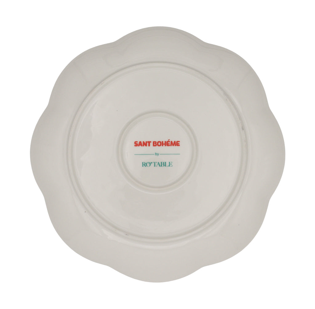 Assiette plate en céramique Balearic Blu blanche avec motif vert et bord peint à la main (lot de 4)