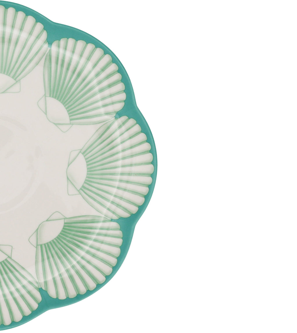 Assiette plate en céramique Balearic Blu blanche avec motif vert et bord peint à la main (lot de 4)