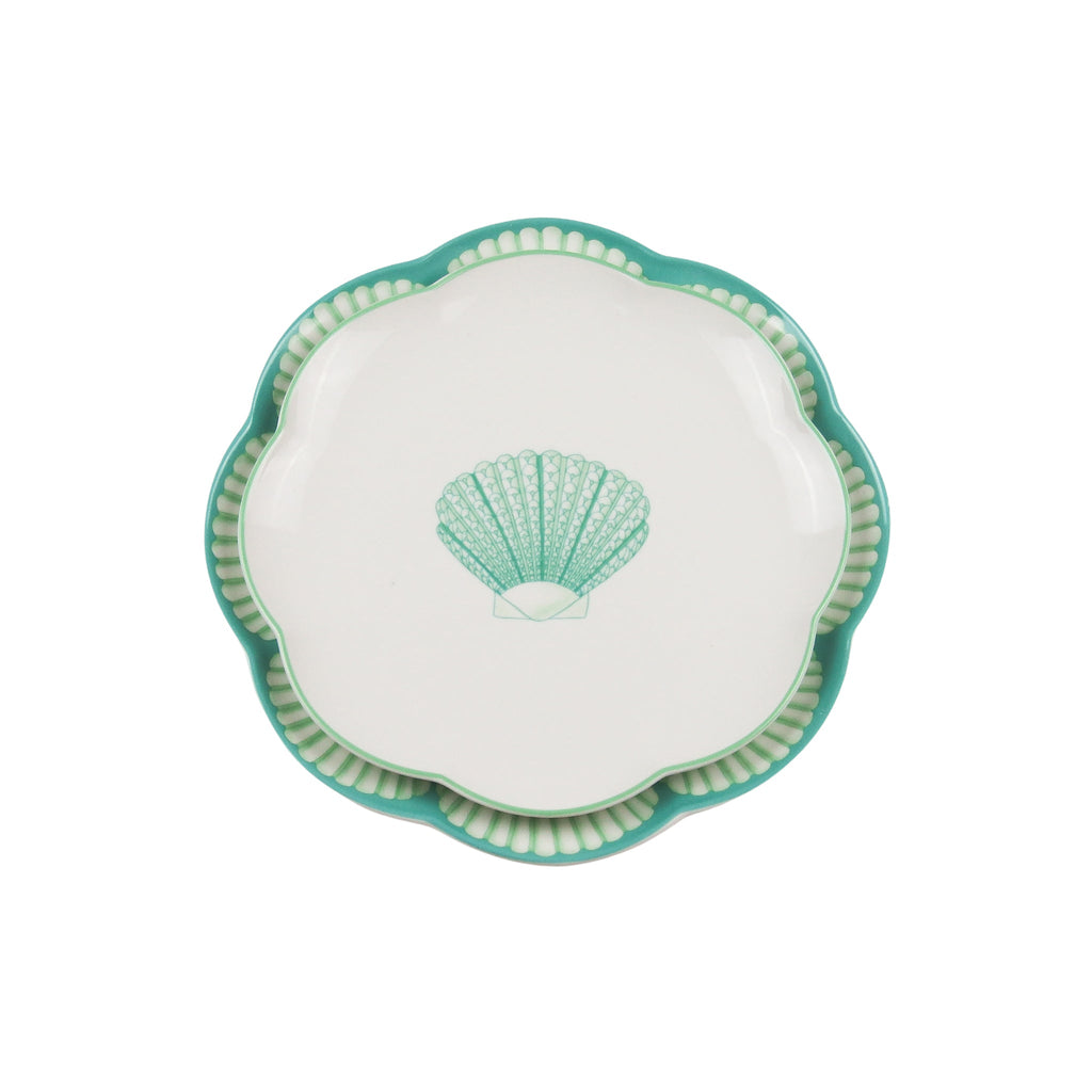 Assiette plate en céramique Balearic Blu blanche avec motif vert et bord peint à la main (lot de 4)