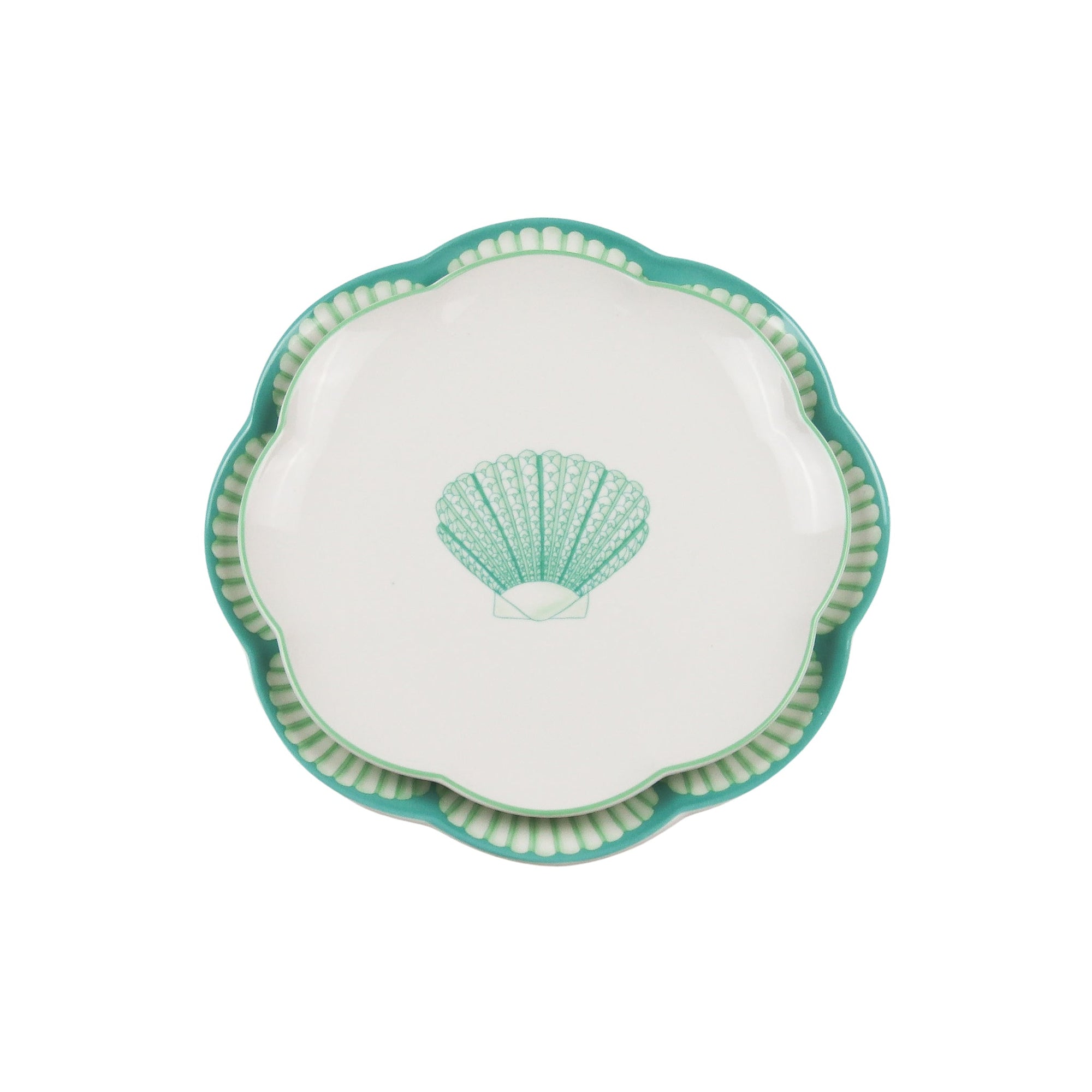 Assiette plate en céramique Balearic Blu blanche avec motif vert et bord peint à la main (lot de 4)