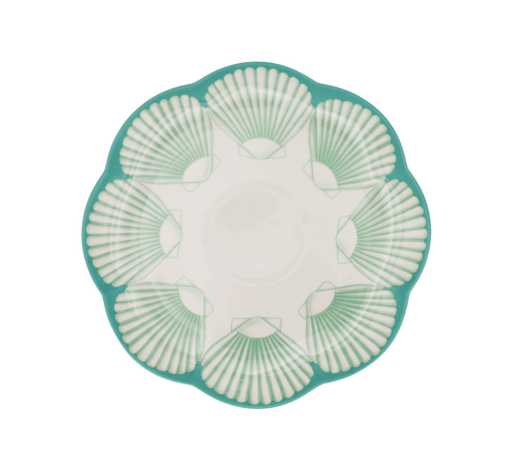 Assiette plate en céramique Balearic Blu blanche avec motif vert et bord peint à la main (lot de 4)