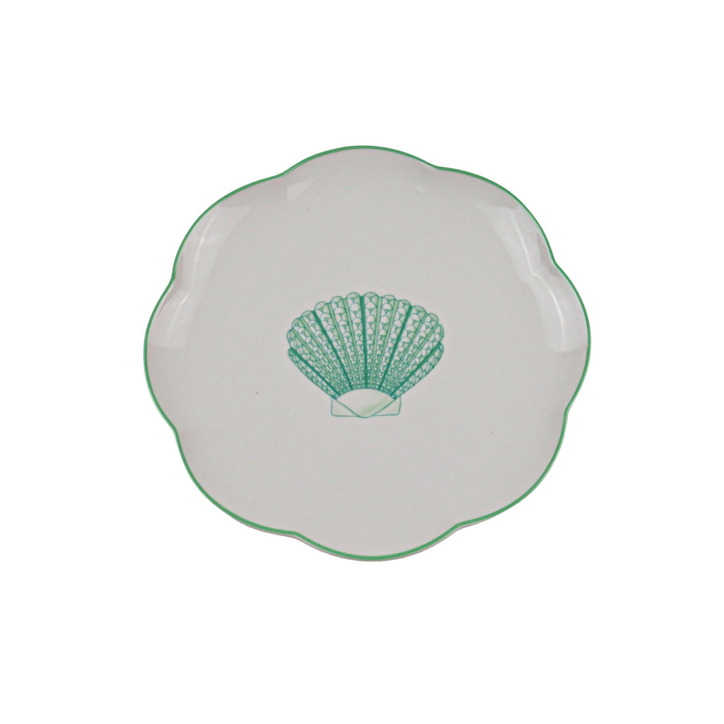 Assiette à entrée en céramique Balearic Blu blanche avec motif coquille Saint-Jacques verte et bord peint à la main (lot de 4)