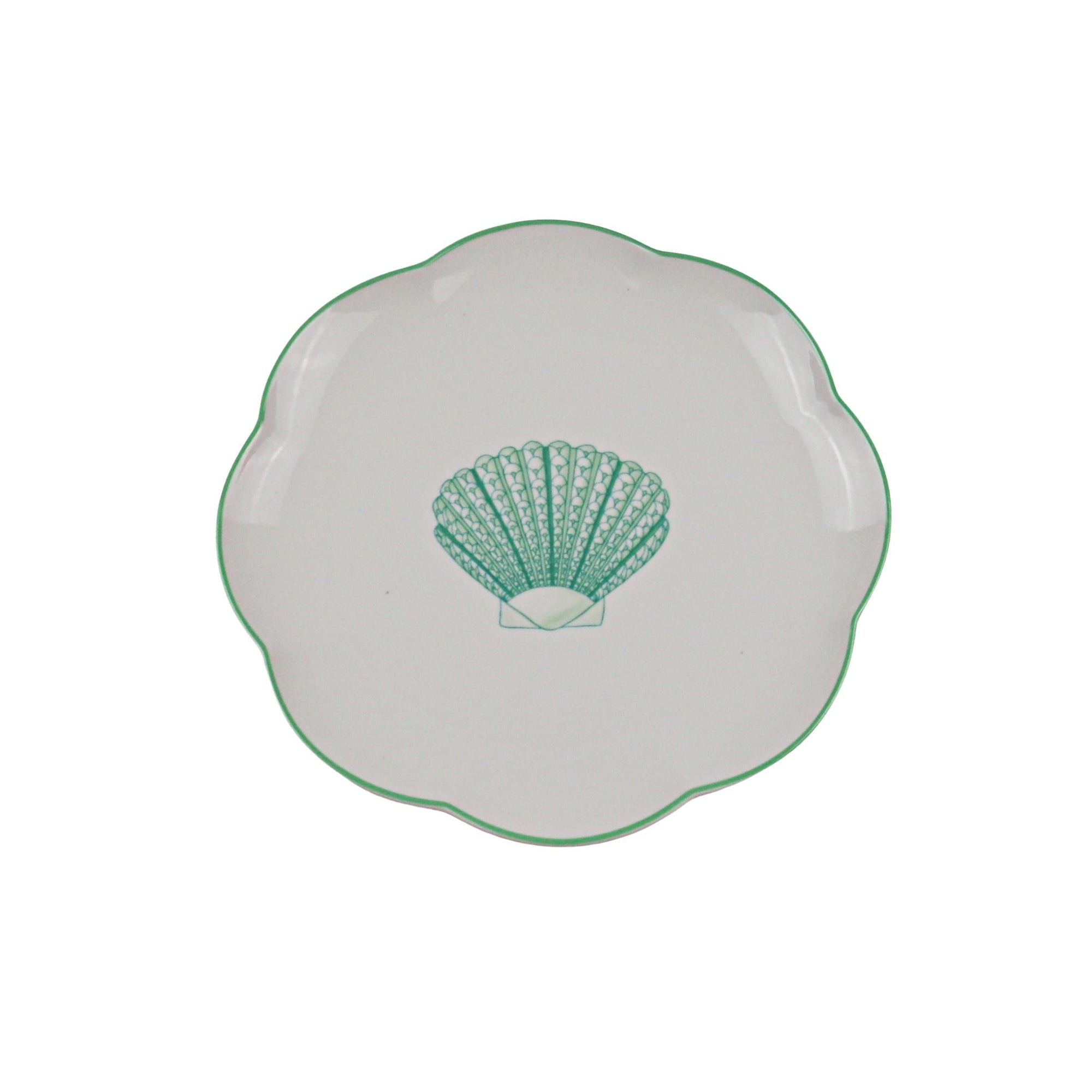 Assiette à entrée en céramique Balearic Blu blanche avec motif coquille Saint-Jacques verte et bord peint à la main (lot de 4)