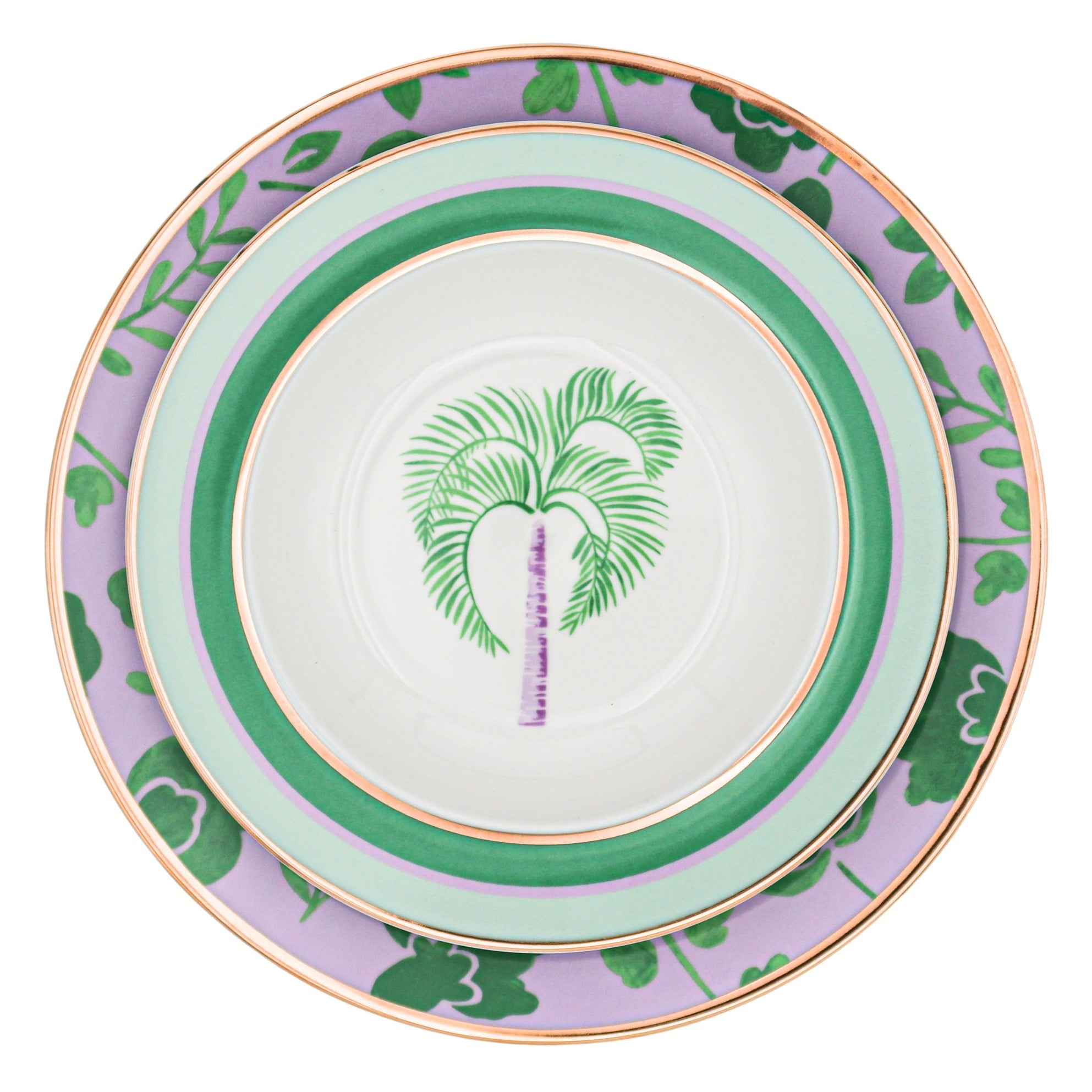 Assiette plate en porcelaine Bernadette Leaf lilas et verte avec bord doré peint à la main (lot de 4)