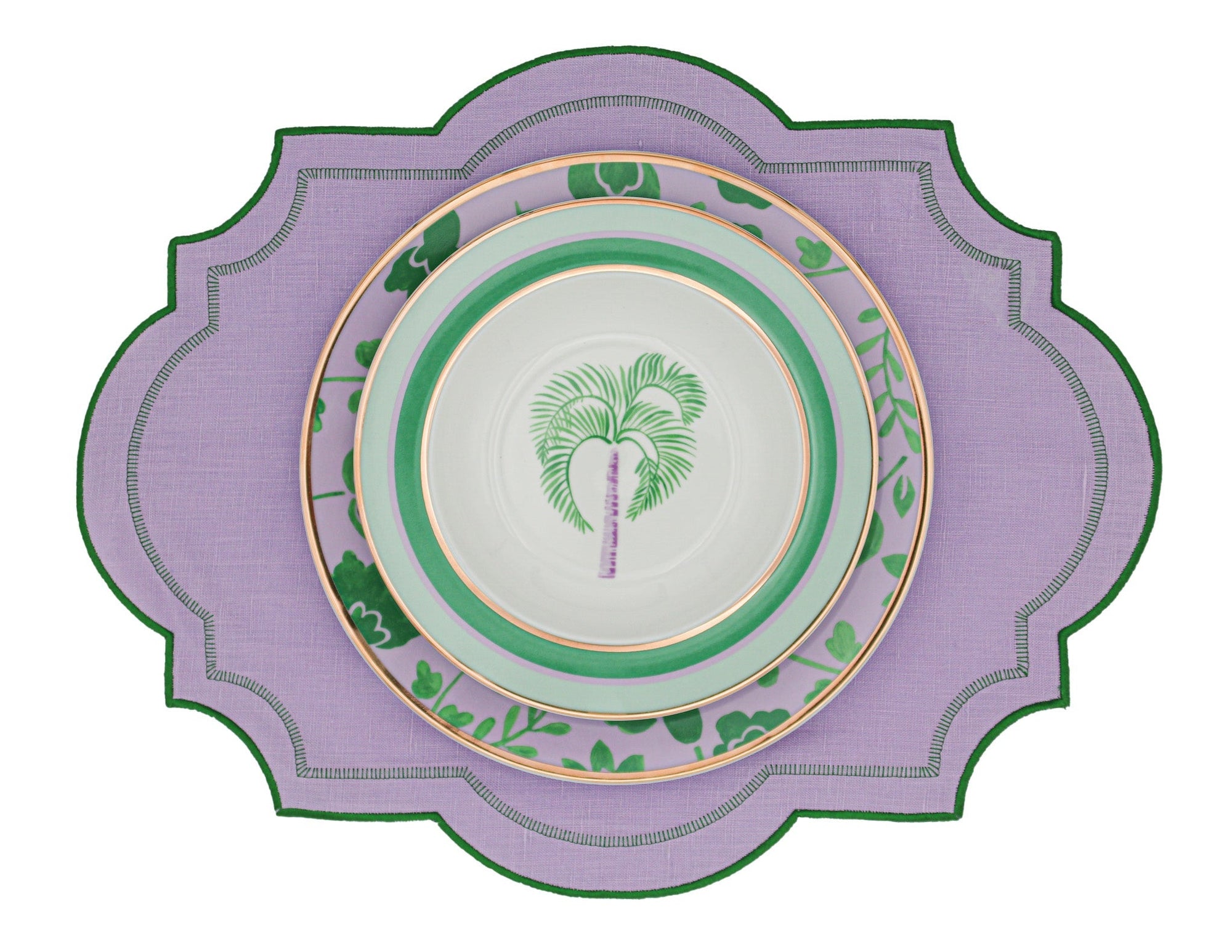 Bol à soupe en porcelaine Bernadette Palm blanc avec motifs verts et lilas (lot de 4)