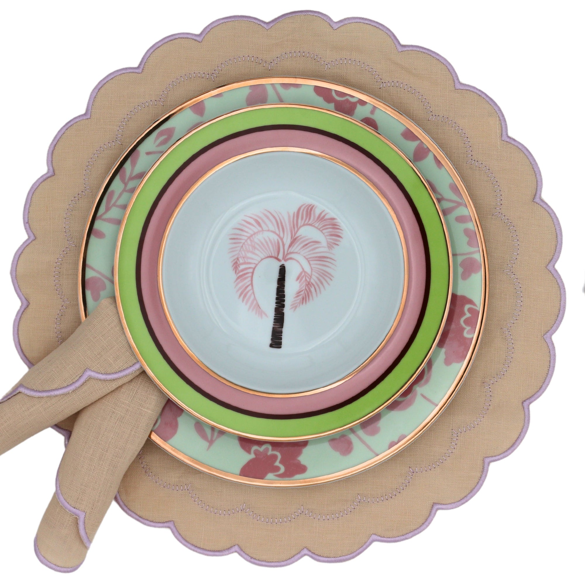 Serviettes en lin crème au beurre Blush, broderie et bordure rose poudré (lot de 4)