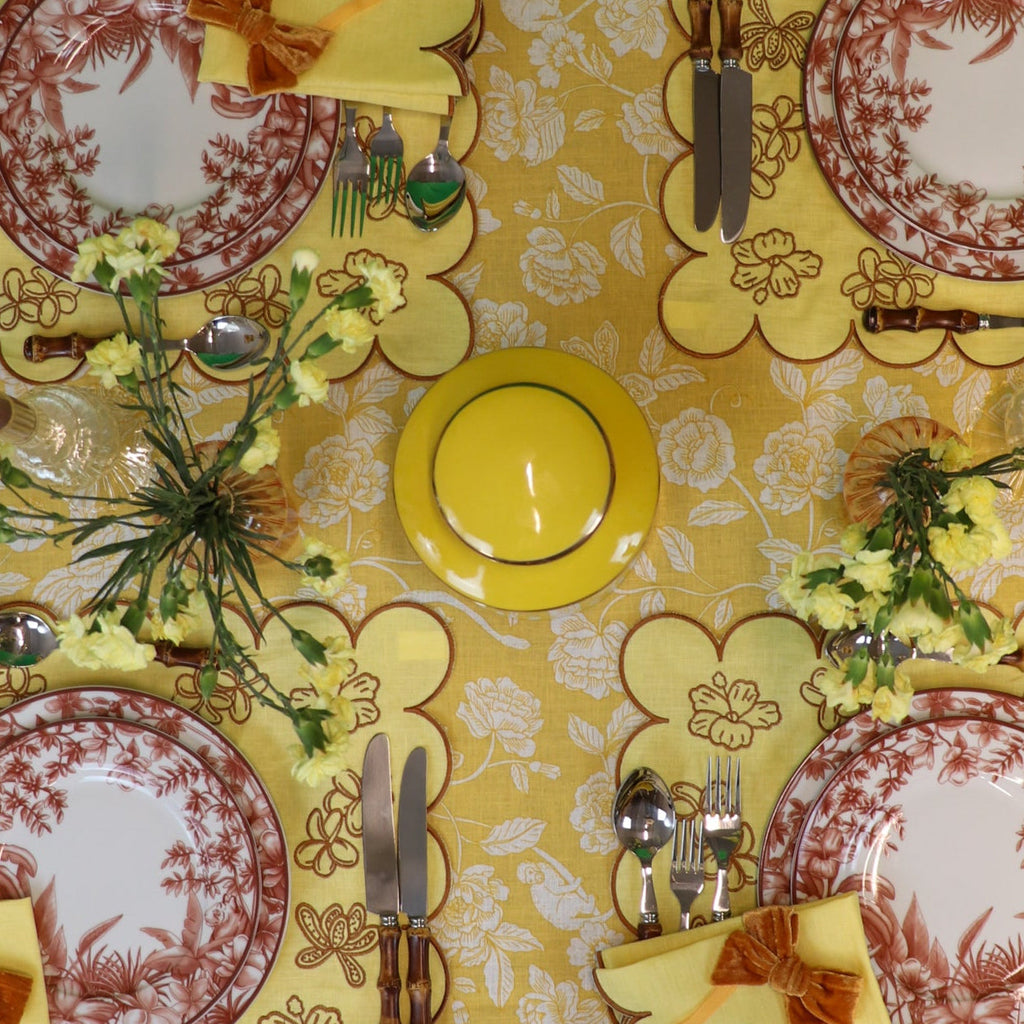 Nappe en lin Marigold Flora Parlour en blanc et moutarde