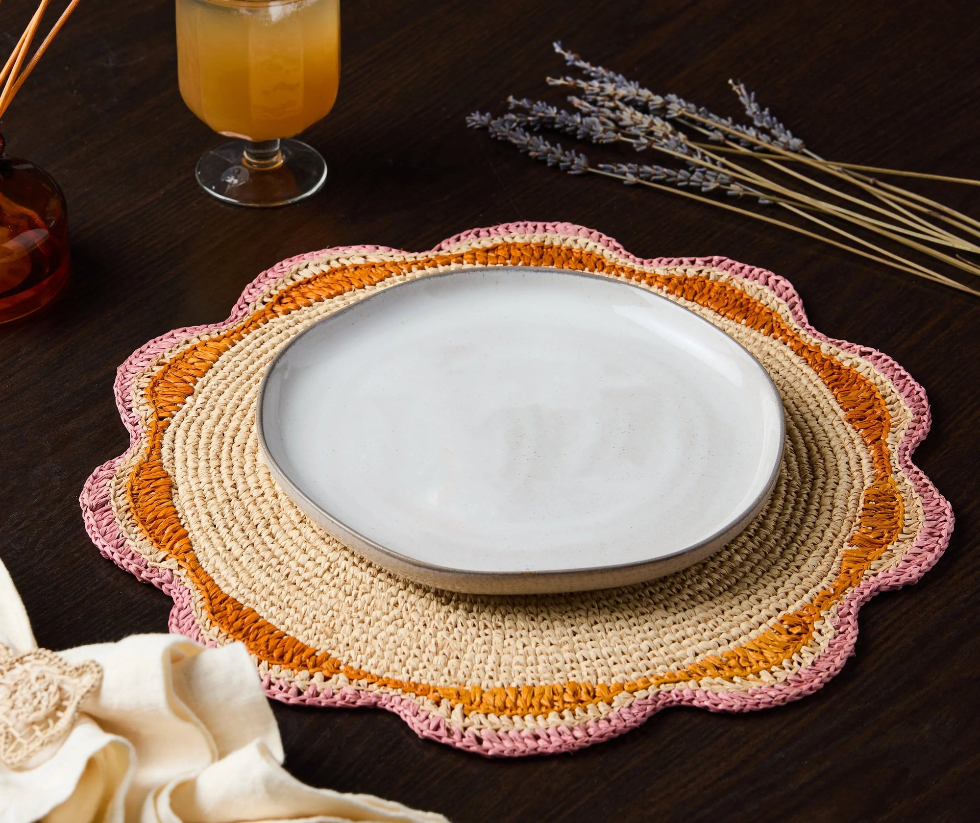 Set de table rond en raphia rose – 35,6 cm – Décoration de table pour fête de jardin et été