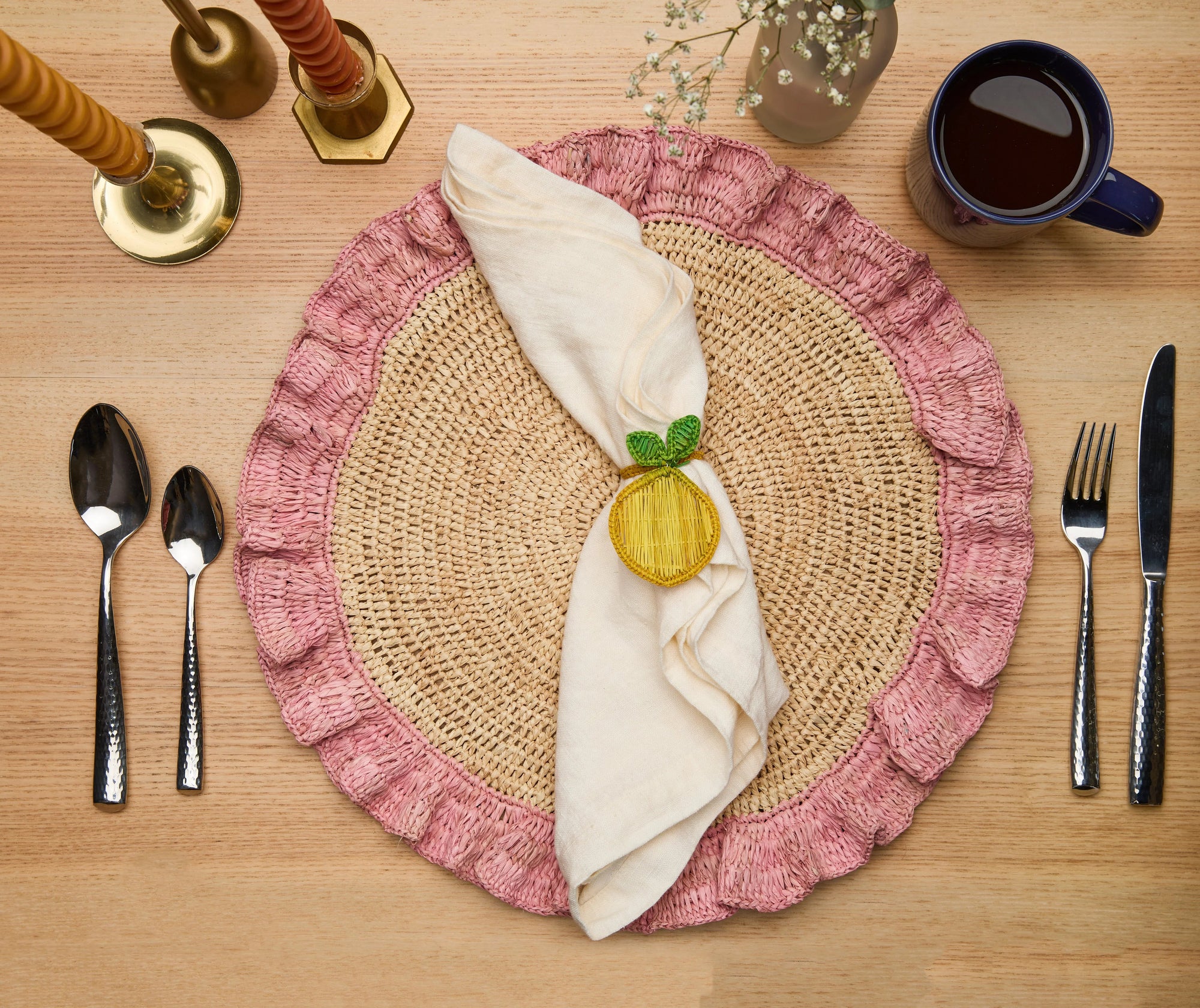 Rond de serviette citron – 3,5 pouces de palmier Iraca tissé à la main – Décoration de table estivale artisanale de Colombie